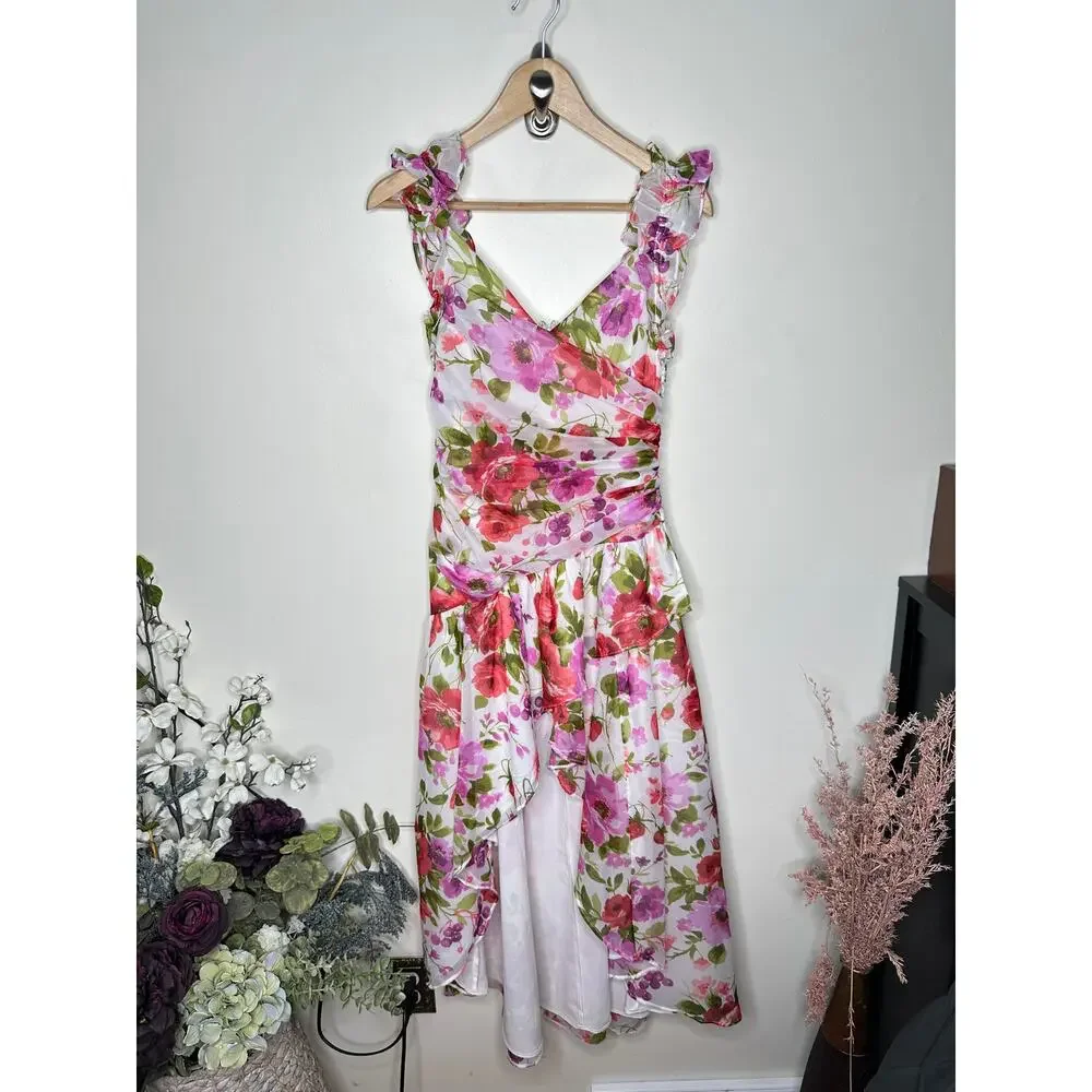 ABERCROMBIE & FITCH Ruffle Strap High-Low Maxi Dress Pink Floral Sz XS $130 {S7}